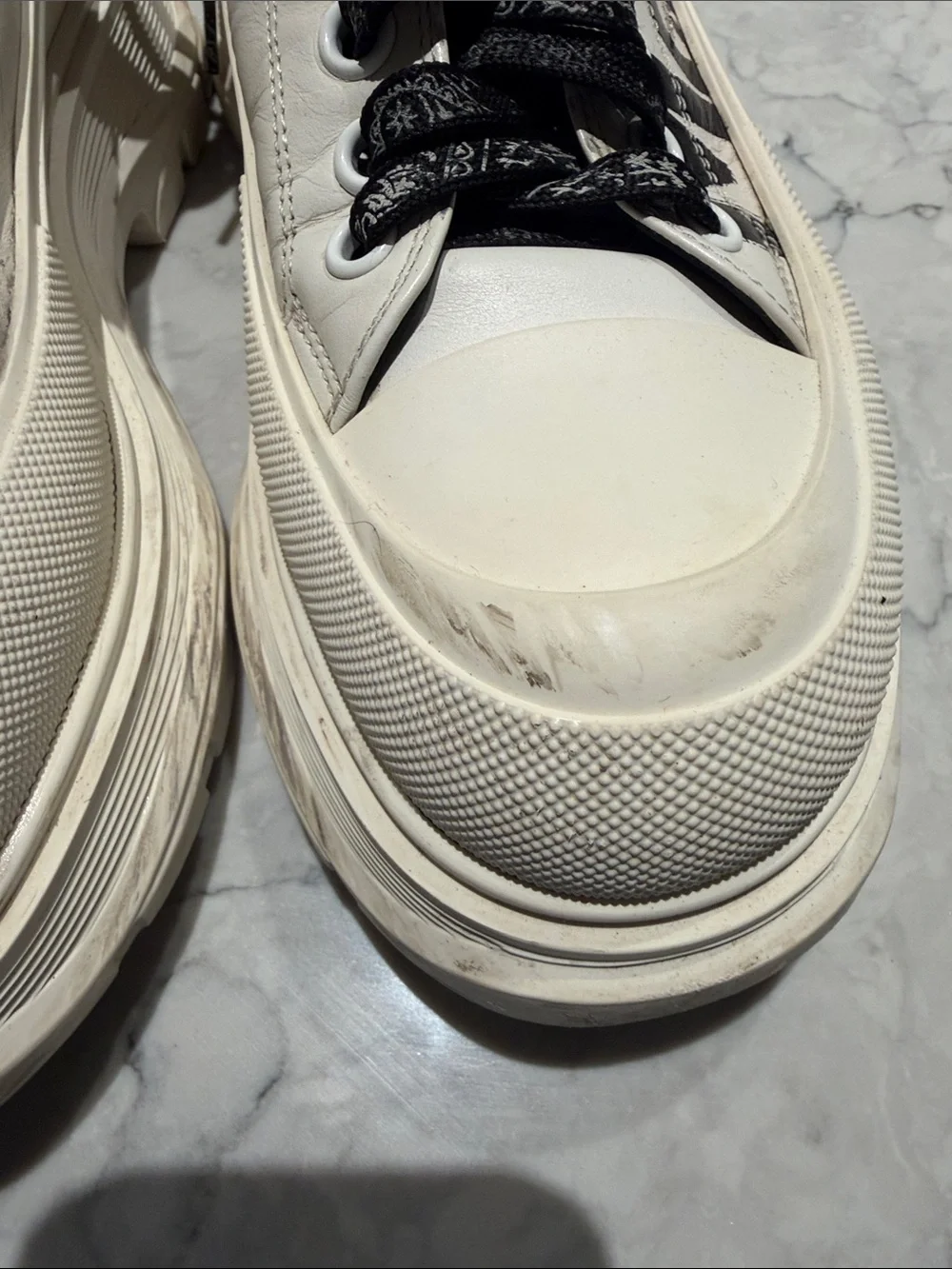 Alexander McQueen White Leather Platform Sneakers with Black Graphic